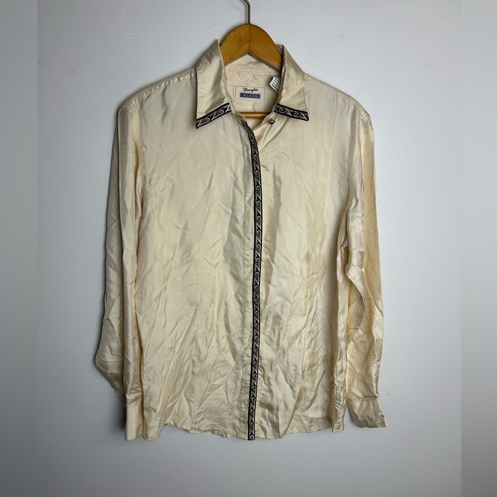 Vtg Wrangler Riata Size S Button Down 100% Silk Size Tan Cream Ranch Cowgirl